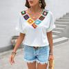 Women's New Casual Vacation V-neck Ethnic Style Colorful Crochet Splicing Tops