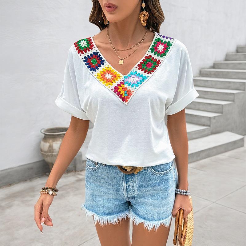 Women's New Casual Vacation V-neck Ethnic Style Colorful Crochet Splicing Tops