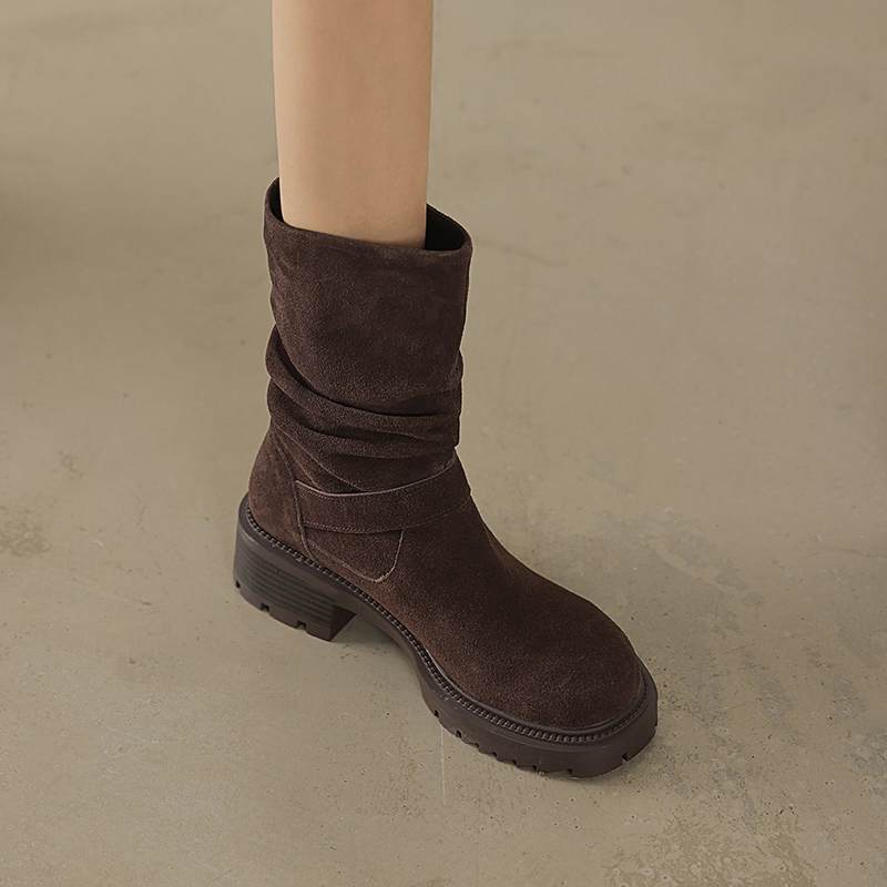 Krazing Pot Cow Suede Nubuck Winter Round Toe Western Boots Med Heels Slip On Metal Buckles Women Mid-calf Boots