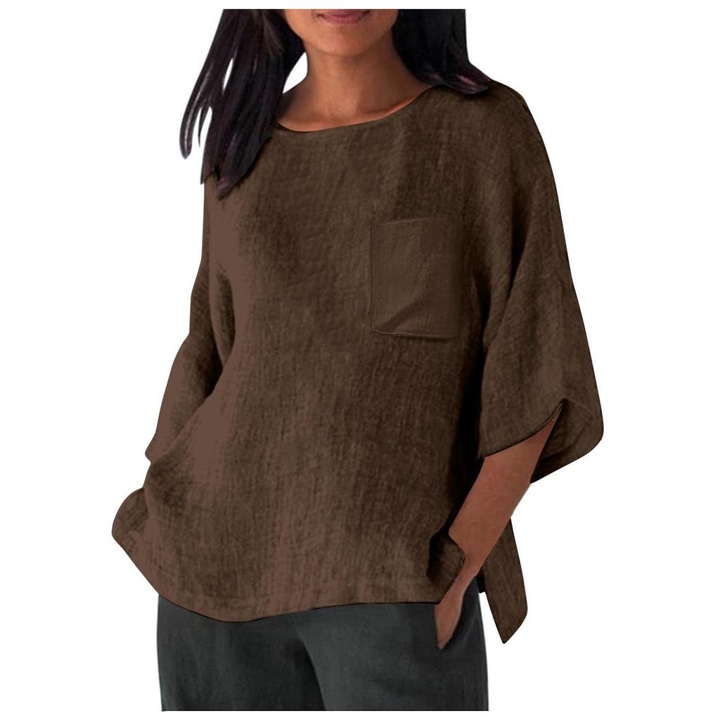 Women's Casual Loose-Fit Linen 3/4 Sleeve Top