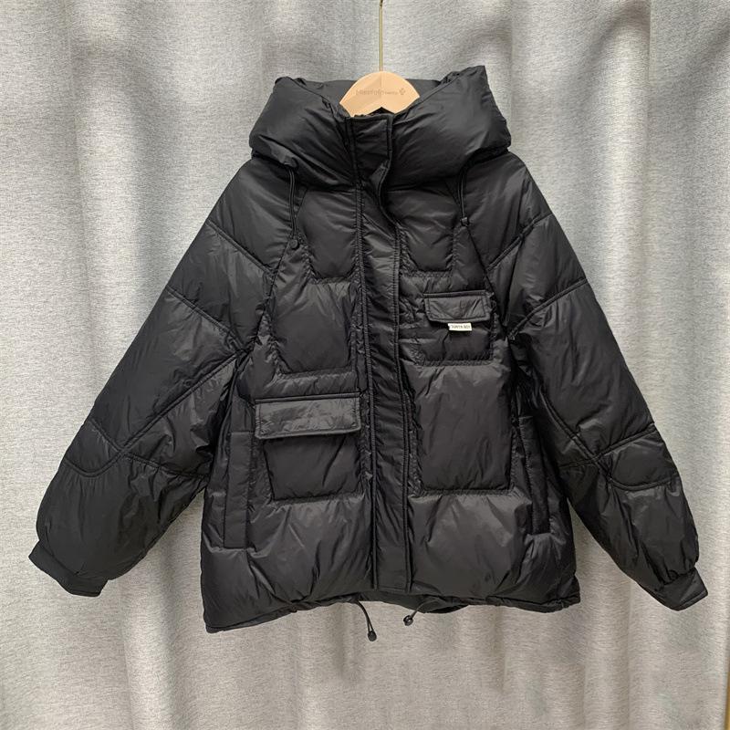 Zima Podzim Ženy Volný Polstrovaný Zip Jednobarevné Módní Bunda S Kapucí Límec Vše Odpovídající Teplý Bílý Kabát