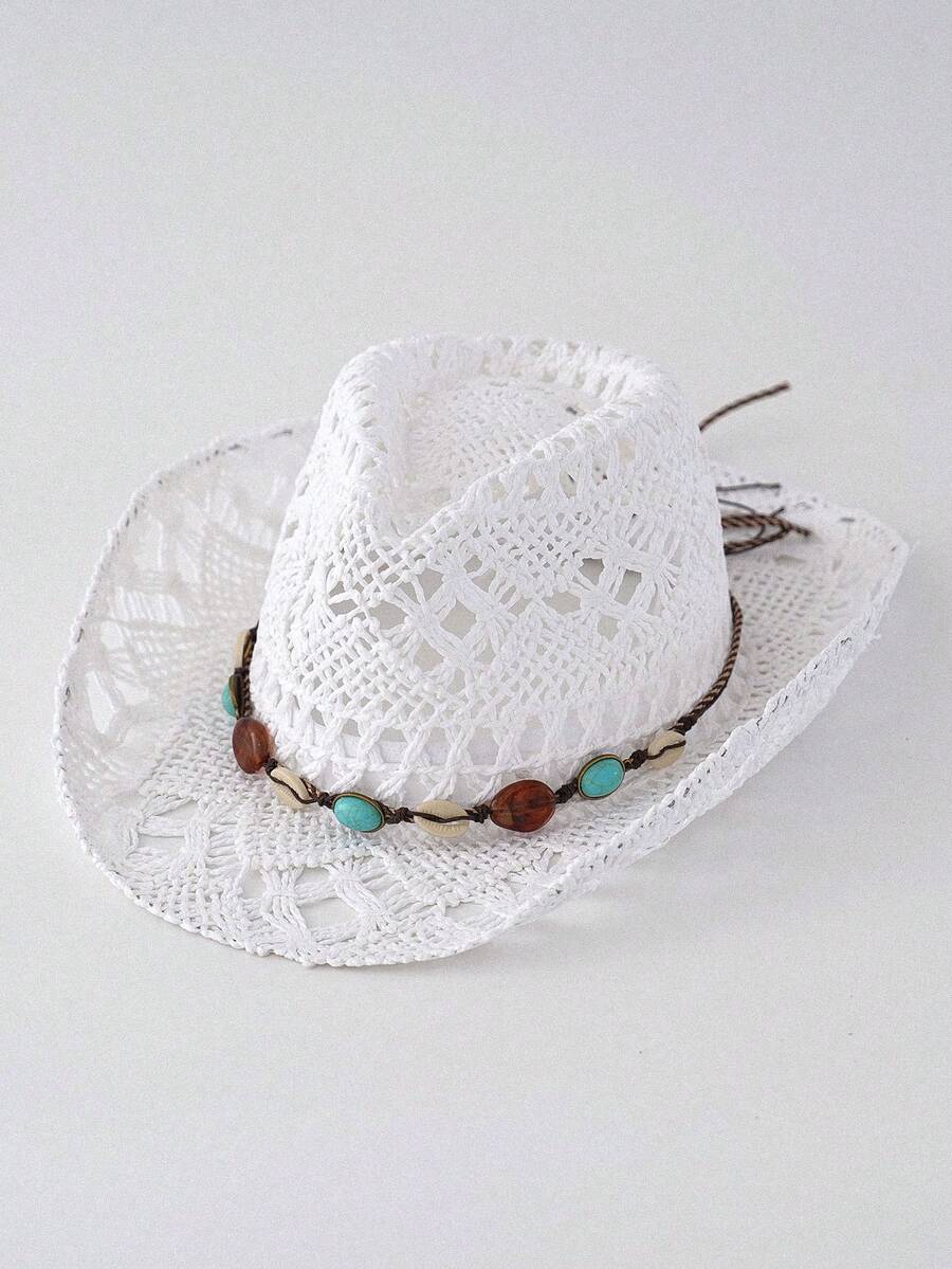 Comfortable Home Life Women's White Unisex Hollow Woven Straw Hat With Beaded Band, Rolled Brim Panama Cowboy Hat For Summer Outdoor Travel Sun Protection