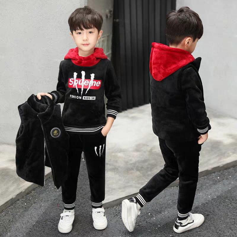 Ensemble de Sport Hivernal pour Garçons 3 Pièces/Ensemble Costume d'Enfant Gilet à Capuche + T-shirts + Pantalon Vêtements de Sport pour Garçons Enfants Survêtement