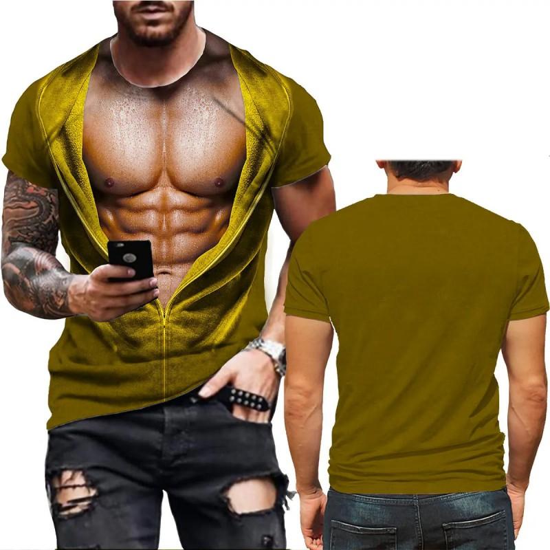 Mens 3D Printed Muscle Design T-Shirt Digital Print Short Sleeve Casual Crew Neck Breathable Loose Fit Tee