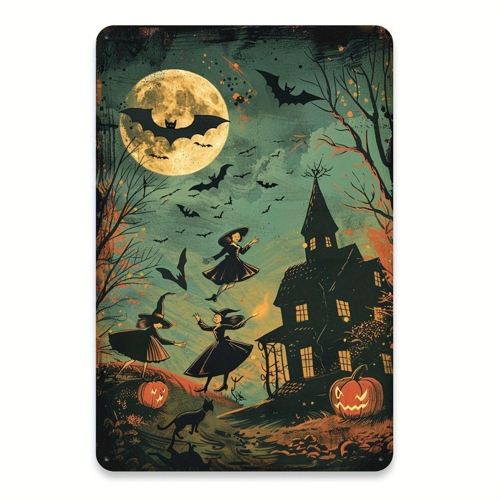 Witch Cat Forest Halloween Sign Metal Tin Sign 20x30 cm Wall Decor