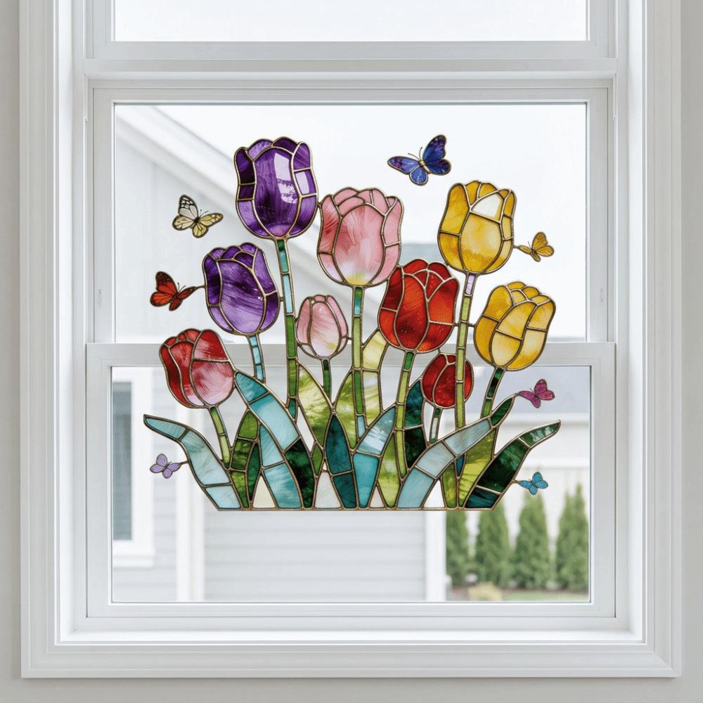 Self-adhesive Tulip Glass Stickers Waterproof Tulip Butterfly Wallpaper Tulip Window Decals Window