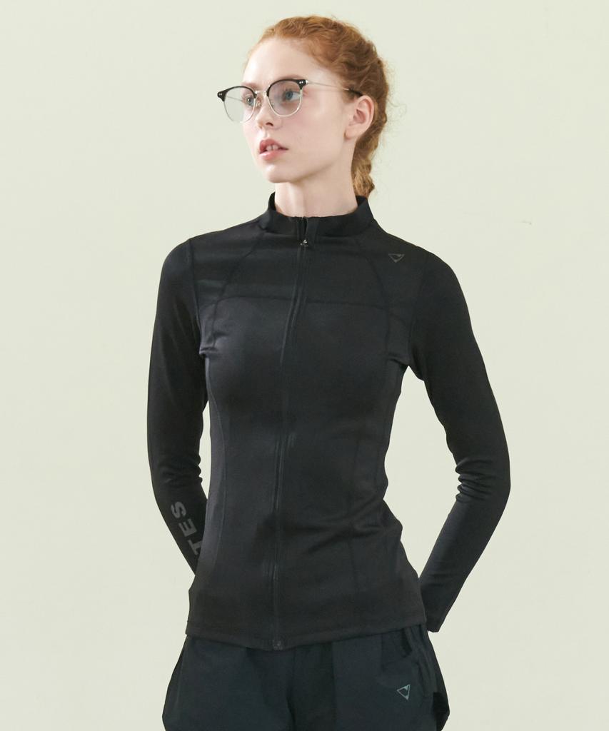 Jeteseu Women'S Air Cushion All Black Slim Fit Zip-Up Rash Guard L_4A884
