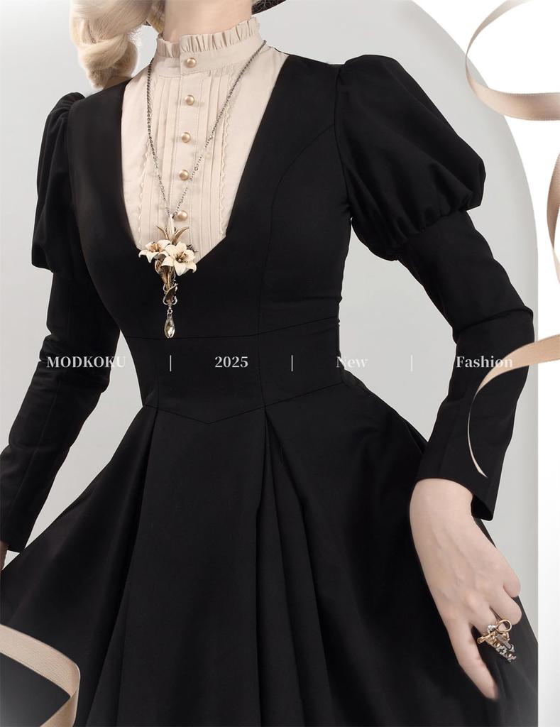 MODKOKU Gothic Lolita Nun Ribbon Lace Dress with Long Gothic Lolita Dreamy Cute French Girly Halloween Split Long Size Suitable for Adults and Winter