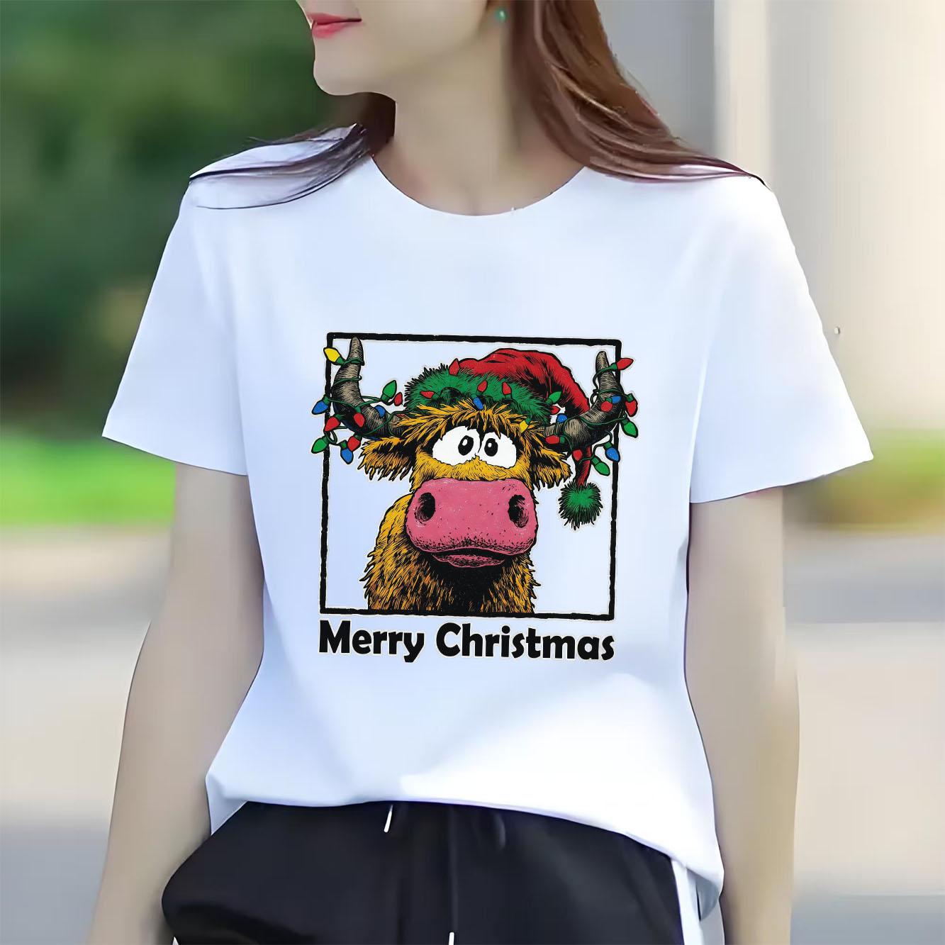 

Christmas yak cartoon printed Womens short sleeved holiday Tshirt summer round neck versatile for daily use S