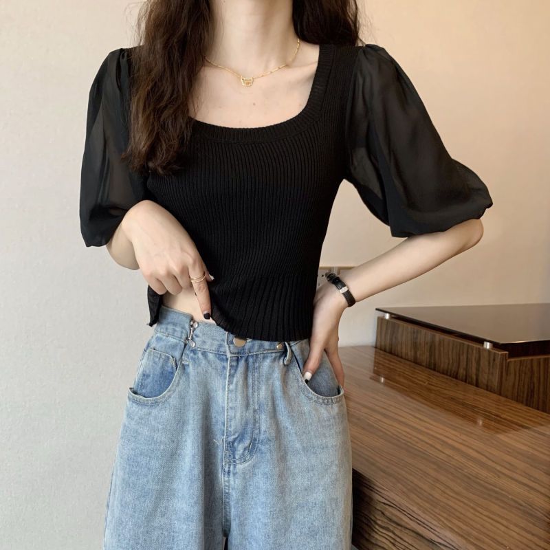 

Женский летний свитер с короткими рукавами и французским квадратным вырезом, корейская версия, облегающий и утягивающий короткий топ one size чёрный