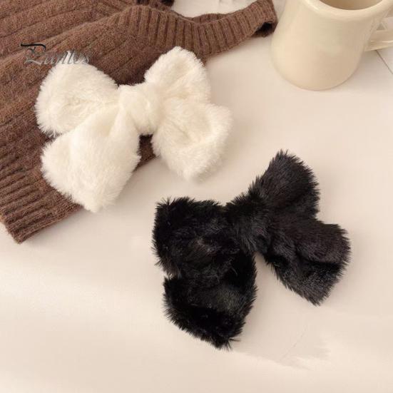 Girl Large Bow Hairpin Solid Color Plush Texture Hair Clip Autumn Winter Style Hair Accessory Daily Wear
