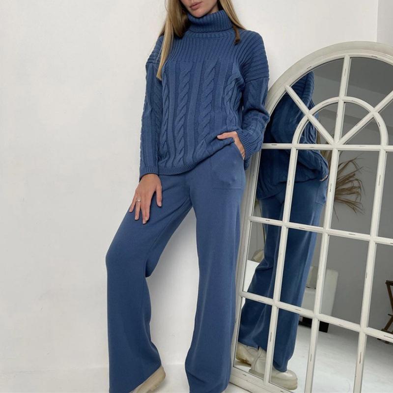 2023 Women's Knitted Cable Knit Two-Piece High Neck Sweater Set