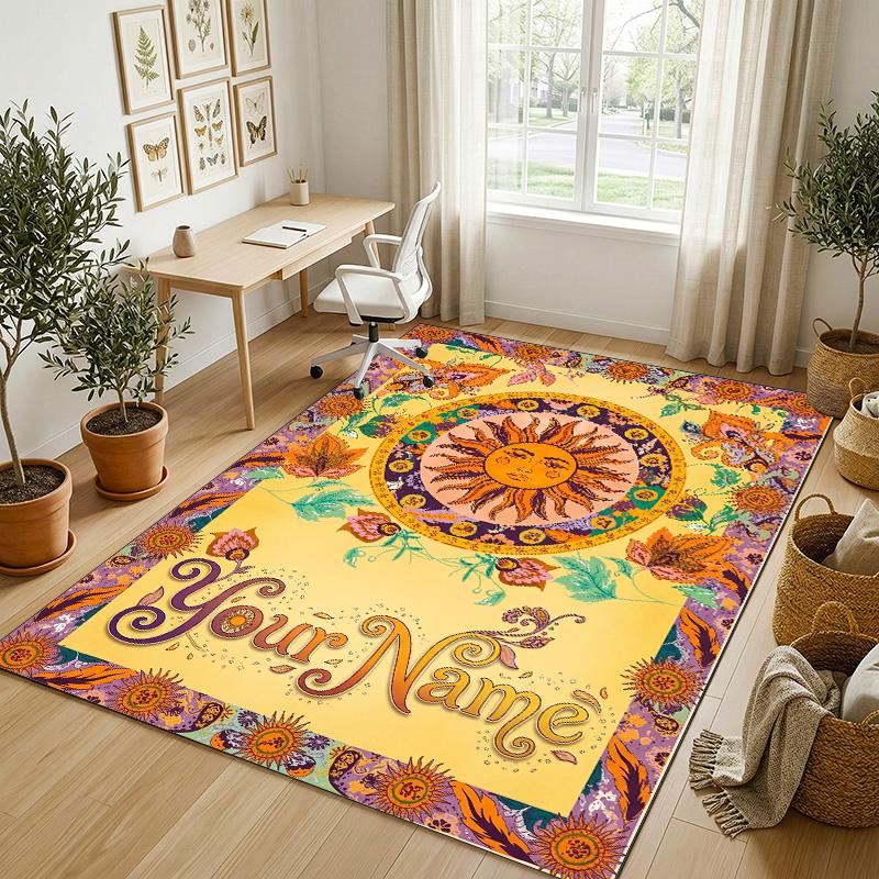 Floral Garden Theme Crystal Velvet Rug Personalized Custom Name Text Soft Floor Mat Home Decor