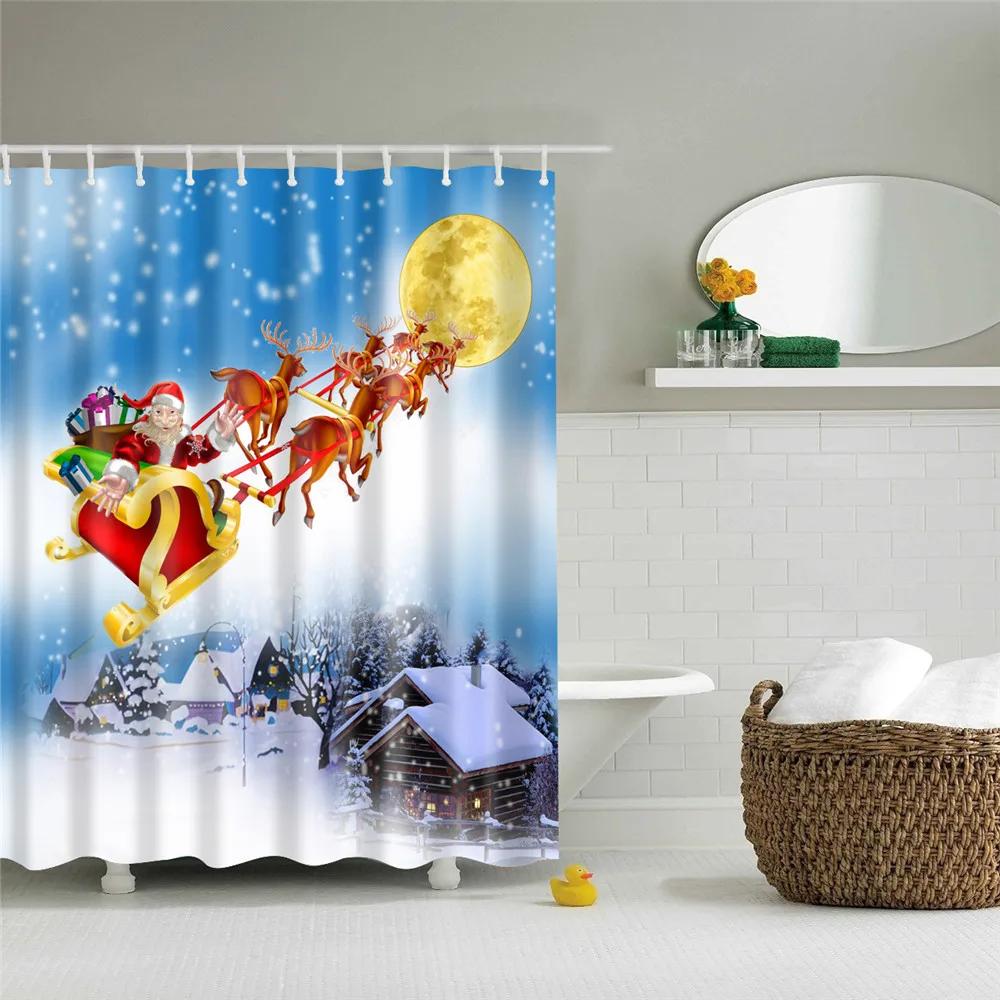 Merry Christmas Shower Curtains New Year Santa Bathroom Decor Bath Curtain Cartoon Snowman Elk Bath Bathroom Curtains