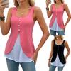 Women's Fashionable Casual New T-shirt With Color Blocking, U-neck, Button-Down Vest Top