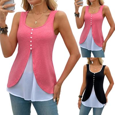 Women's Fashionable Casual New T-shirt With Color Blocking, U-neck, Button-Down Vest Top