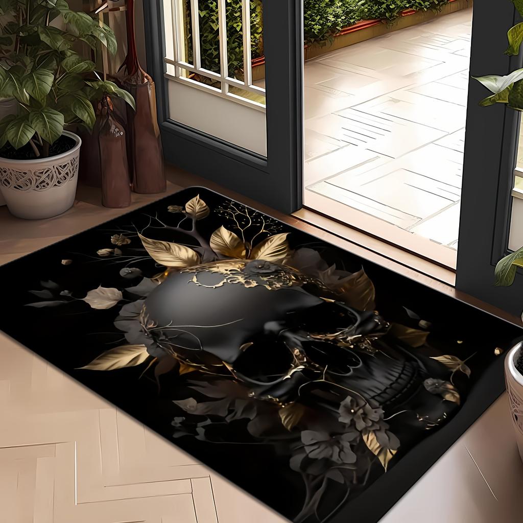 Gothic Skull Area Rug Black Gold Baroque Design Statement Floor Mat for Living Room Home Decor Luxury Alternative Art Halloween