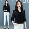 Women's Spring Autumn Korean Black White Tops Ladies Long Sleeve Office Tied Bow Collar Chiffon Blouse