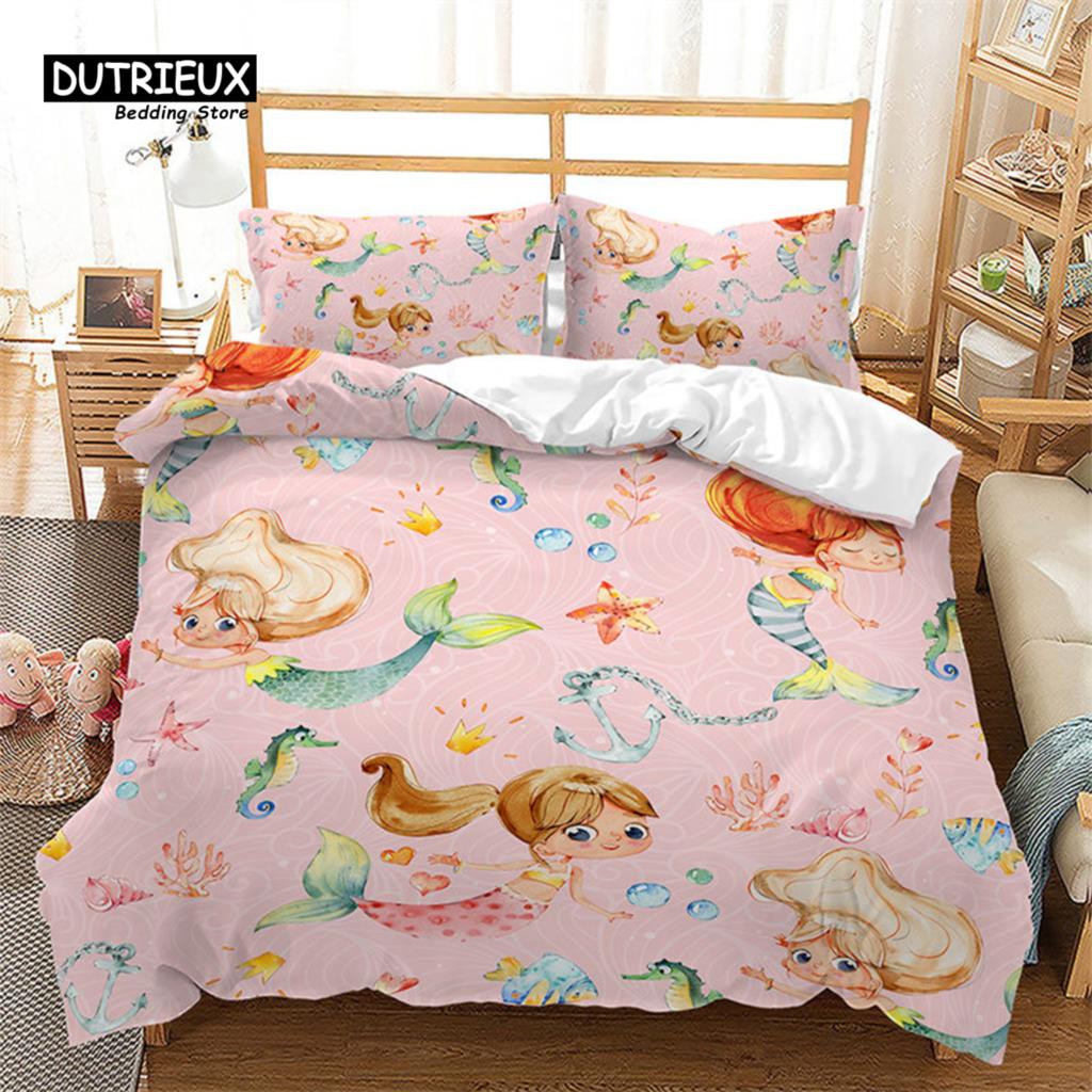 Cartoon Duvet Cover Mermaid Comforter Cover Microfiber Unicorn Animal Bedding Set King For Kids Girls Teens Kawaii Bedroom Decor