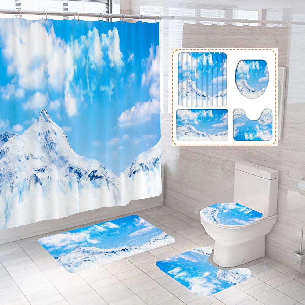 

Shower Curtain Set Natural Snow Mountain Scenery Printing Bathroom Curtains With Toilet Lid Cover Bath Mat Home Decoration W60H190(CM)-1 Pcs
