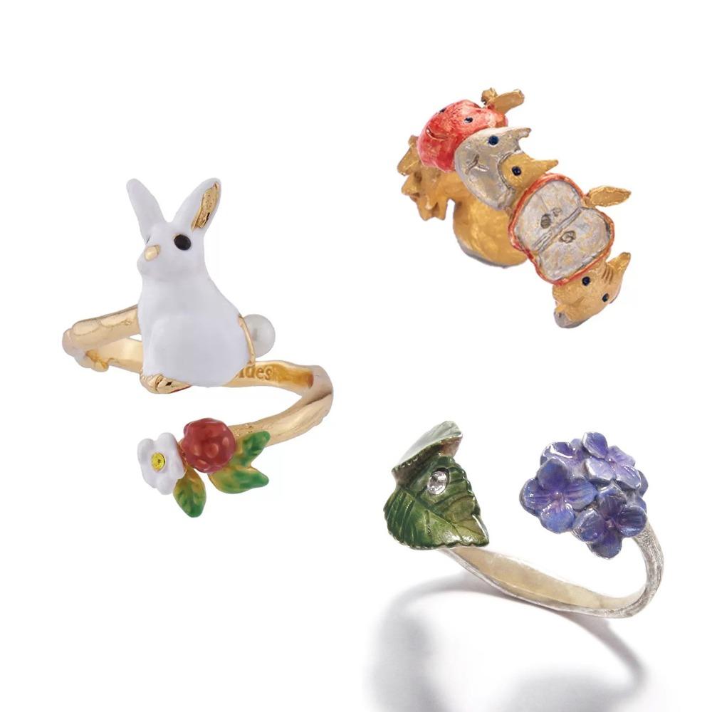 Adjustable Open Ring with 3D Cute Cat Face Hydrangea Flower Raspberry Bunny Design for Women Fashion Jewelry
