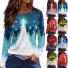 Women's Casual Christmas Tree Print Neck Long Sleeve Top with Side Slit Hem for Holiday
