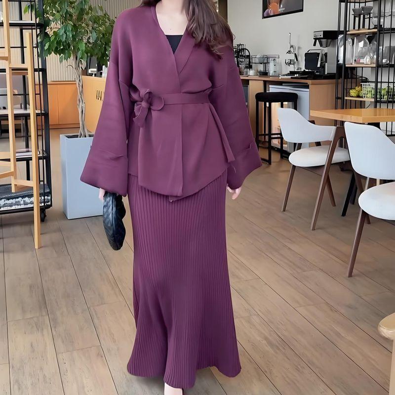 V-neck Lace-up Elegant High Waist Skirt 2 Pieces Knitting Suit Skirt 2-Piece Knitted Set