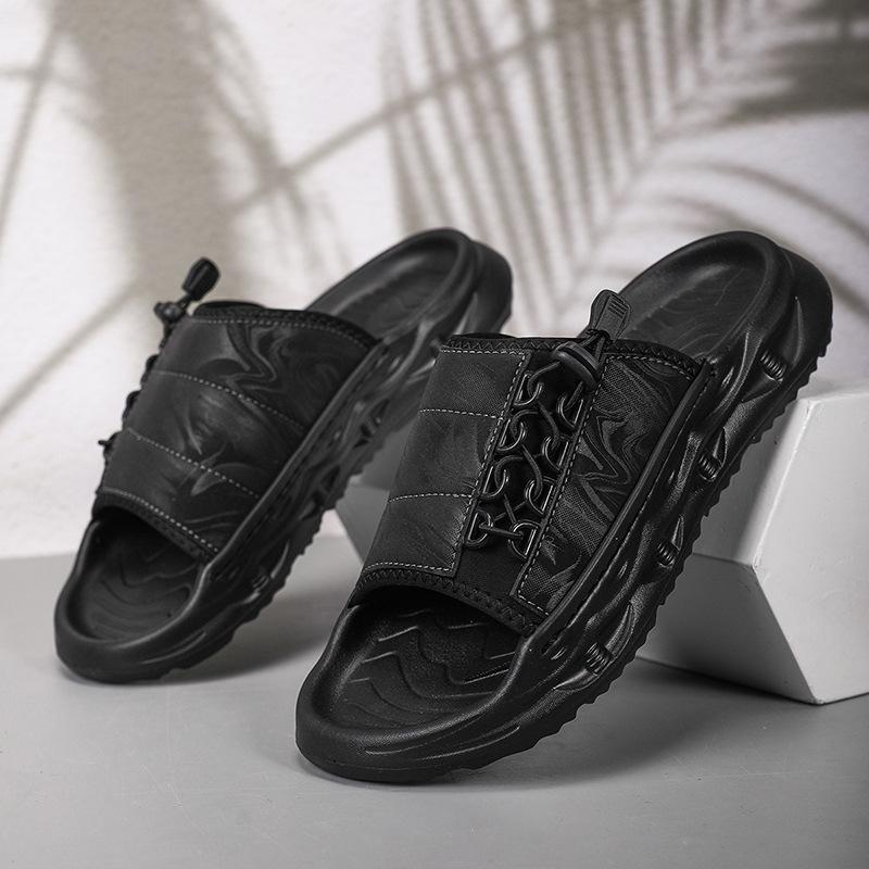 

Тапочки мужские 2025 лето новая носка нескользящие мужские уличные чувство дизайна повседневные толстая подошва модные сандалии с надписью 44 чёрный