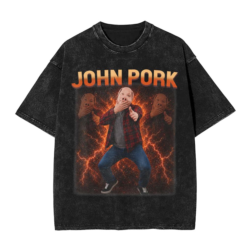 Vintage Washed Tshirt John Pork Holding Niche Ai Baby Funny Halloween Motion Meme Cotton Tshirts Trending Tshirt For Man