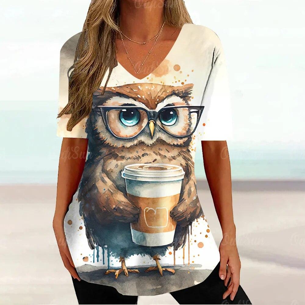 Dámská trička Vintage sova Zvířecí grafický potisk Tričko Letní móda Výstřih do V Krátký rukáv Top Trička Oversized Dámské tričko Oblečení