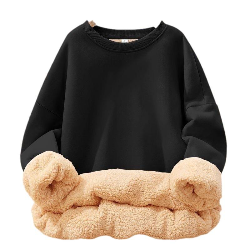 Lambswool Velvet-Lined Crew Neck Hooded Pullover for Women – Loose, Solid Color, Korean Style, Autumn/Winter