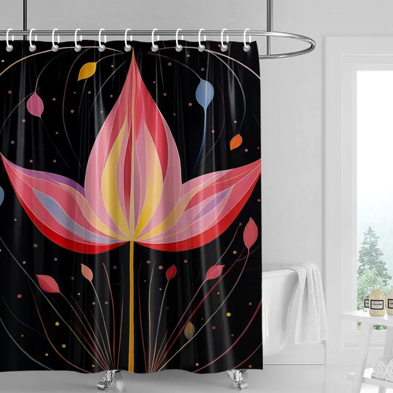 Vintage Floral Shower Curtain-Bold Red and Orange Flowers, Butterfly Background, Waterproof Bath Decoration
