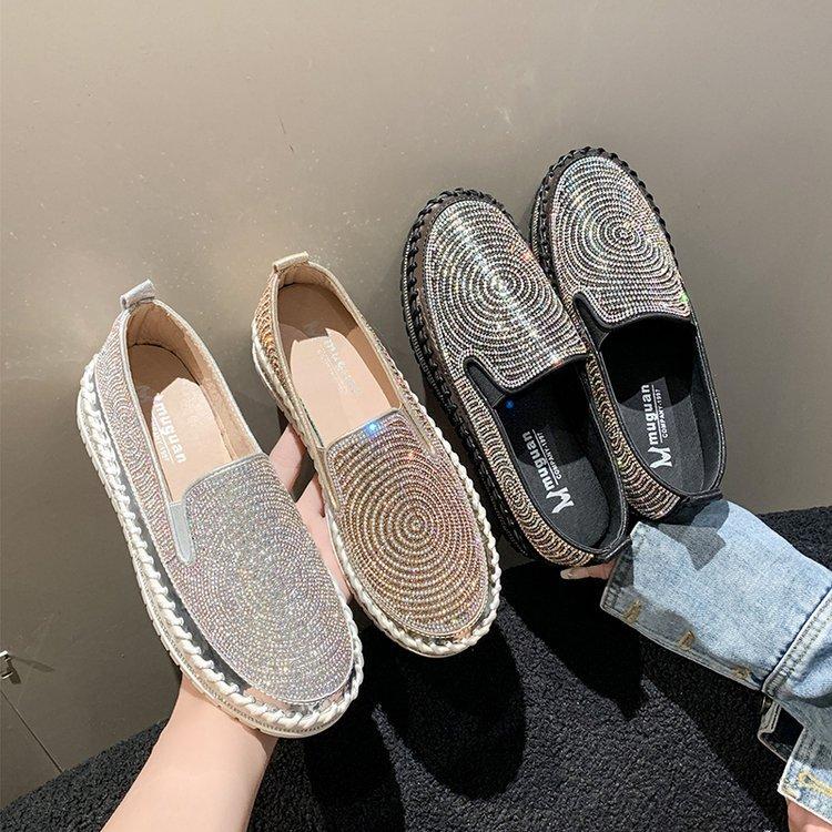 Mode 2025 Luxus Damen Flats Strass Bling Nähen Plateau Slipper Slip-on Nähen Flach Modische Freizeitschuhe Damenschuhe