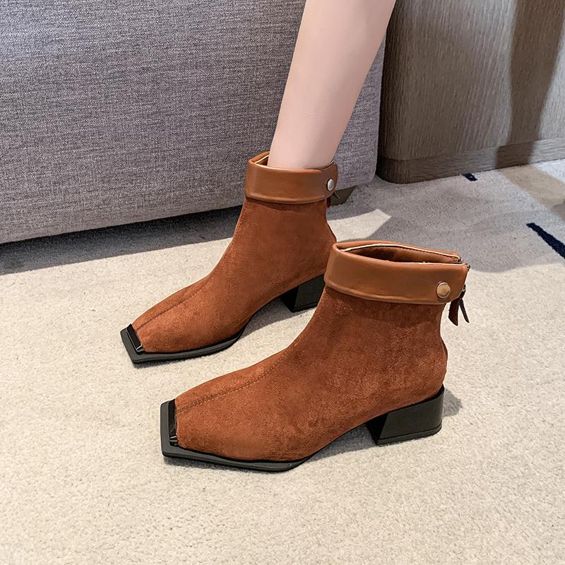 Fashion Women's Fashion Thick Heel Cotton Boots Winter New Square Head Suede Back Zipper Splicing Rivet Non-slip Short Boots
