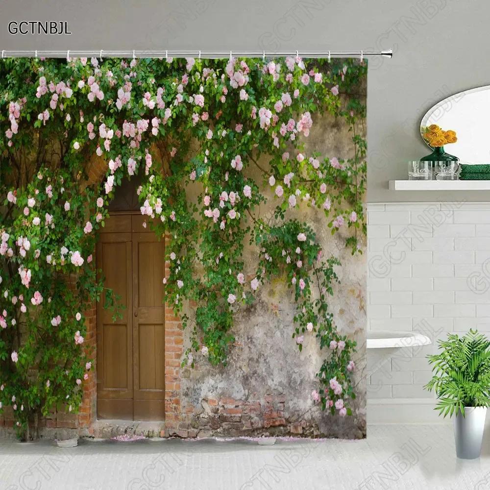 Street Building Scenery Shower Curtain Flower Plant Retro Old Door Summer Rural Landscape Bathroom Curtain Background Wall Decor