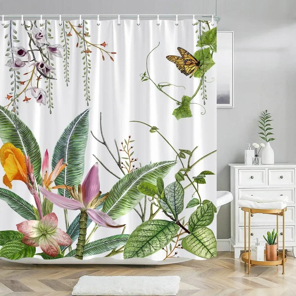 

Botanical Floral Shower Curtain Green Leaf Hummingbird Tropical Nature Landscape Polyester Fabric Shower Curtains Bathroom Decor 120x180cm-47x70in