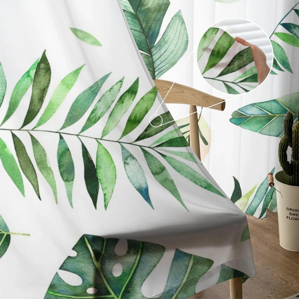Tropical Leaves Palm Tree Green Plant White Tulle Sheer Window Curtains for Living Room Bedroom Sheer Fabric Silk-like Fabric Drapes Drapes