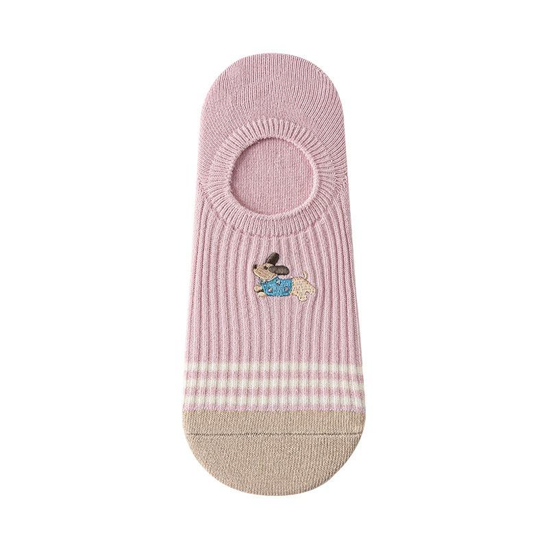 Embroidered Shallow-mouthed Socks for Spring and Summer, Thin Striped Boat Socks, Cute Cartoon Dog, Invisible Socks for Girls