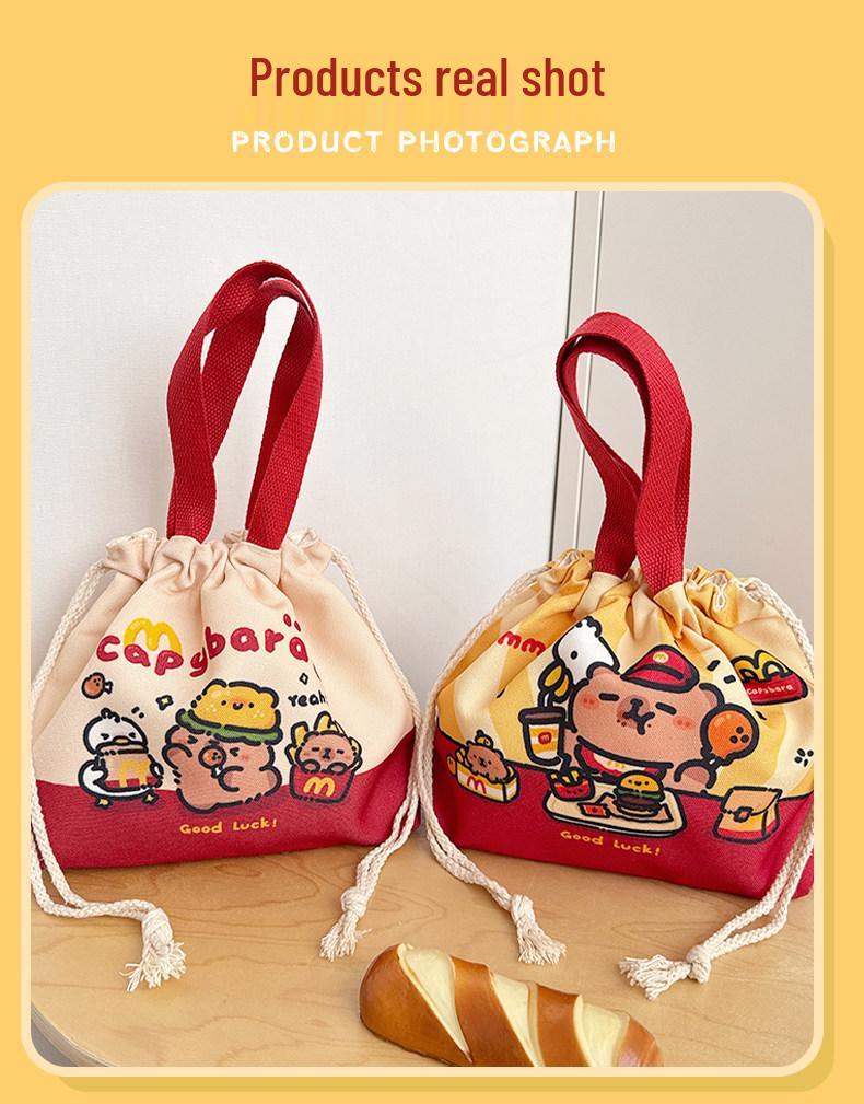 Capybara Canvas Bento Bag: Women's Handheld Lunch Carrier with Drawstring