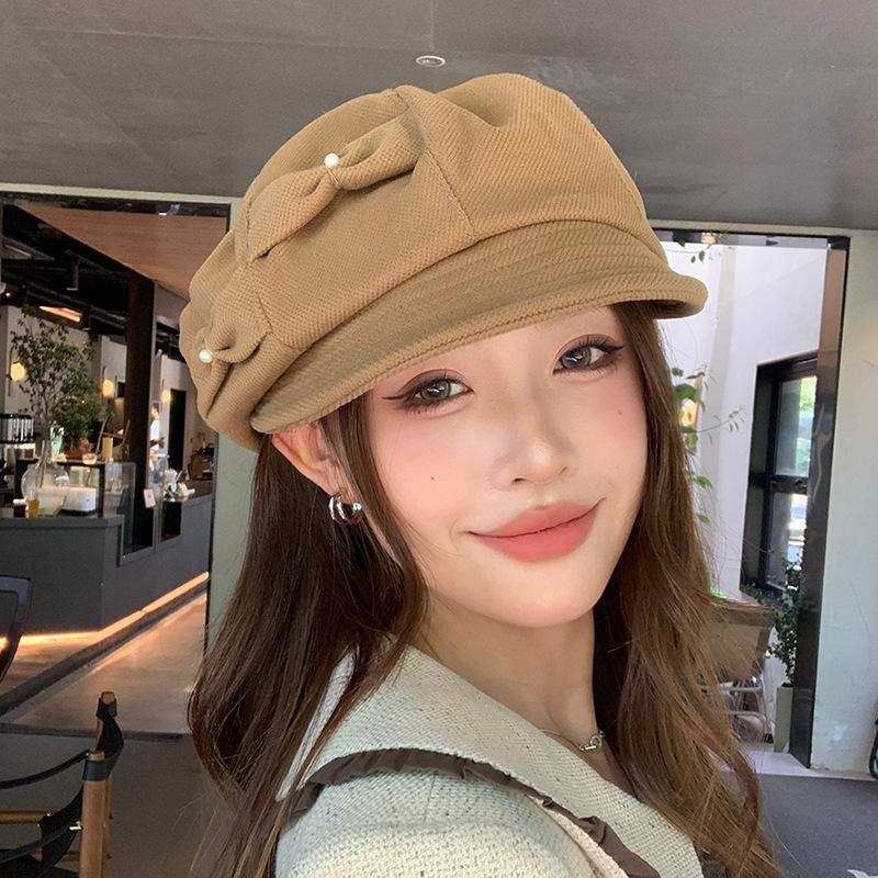 

Женский берет с милым бантом и искусственным жемчугом — дышащая, универсальная восьмиугольная кепка художника для повседневной носки one size