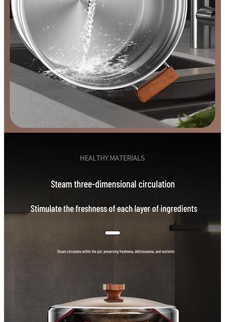 Visible Lid 316L Stainless Steel Steamer Pot with Extra Thick Anti-scalding Design and Double Three-Layer Steaming Basket