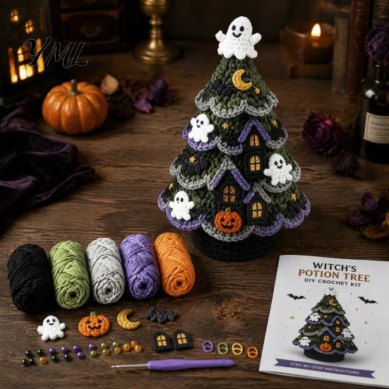 DIY Yarn Craft for Halloween Fun Tree Crochet Pack, Kit with Hooks And Step Project by Guide, Creative Handmade Knitting Supplies Festive Home Desktop