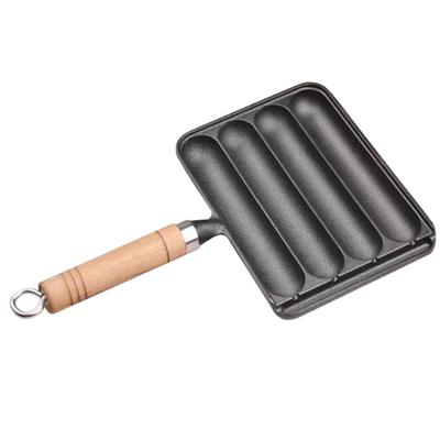 Iron Sausage Pan with Anti-Scald Wooden Handle Non-Stick Pre Seasoned Grilled Sausage Pot Kitchen