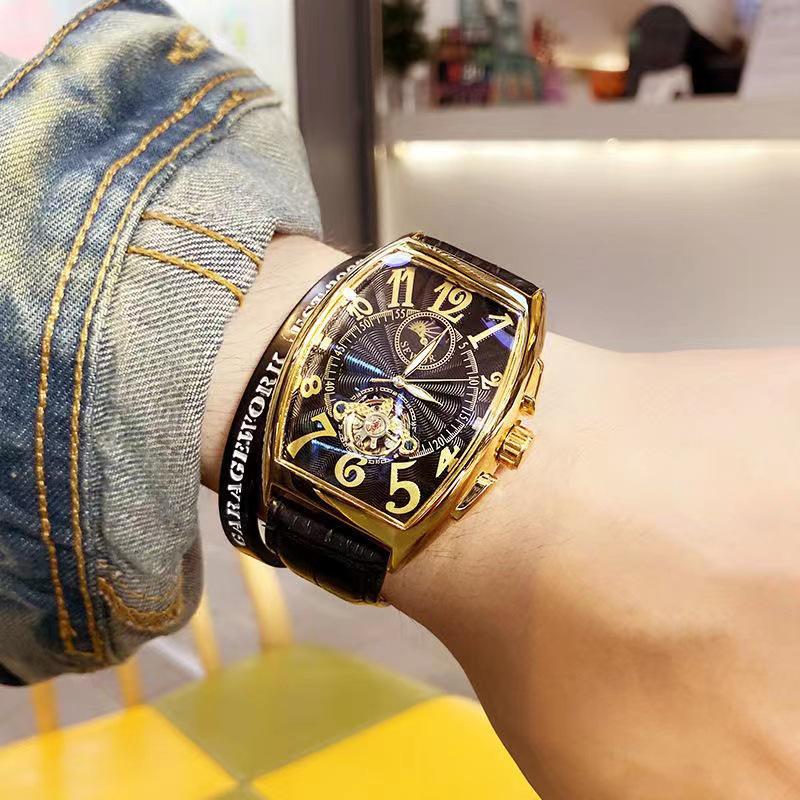 Men's Waterproof Barrel-Shaped Mechanical Leather Watch - Unique Design for Stylish Men