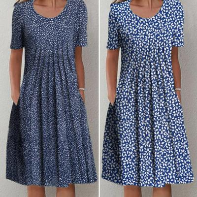 Women's Floral Print Tunic Shirt Dress Short Sleeve Crew Neck Pleated Midi Dress with Pockets Summer Boho Swing Sundress