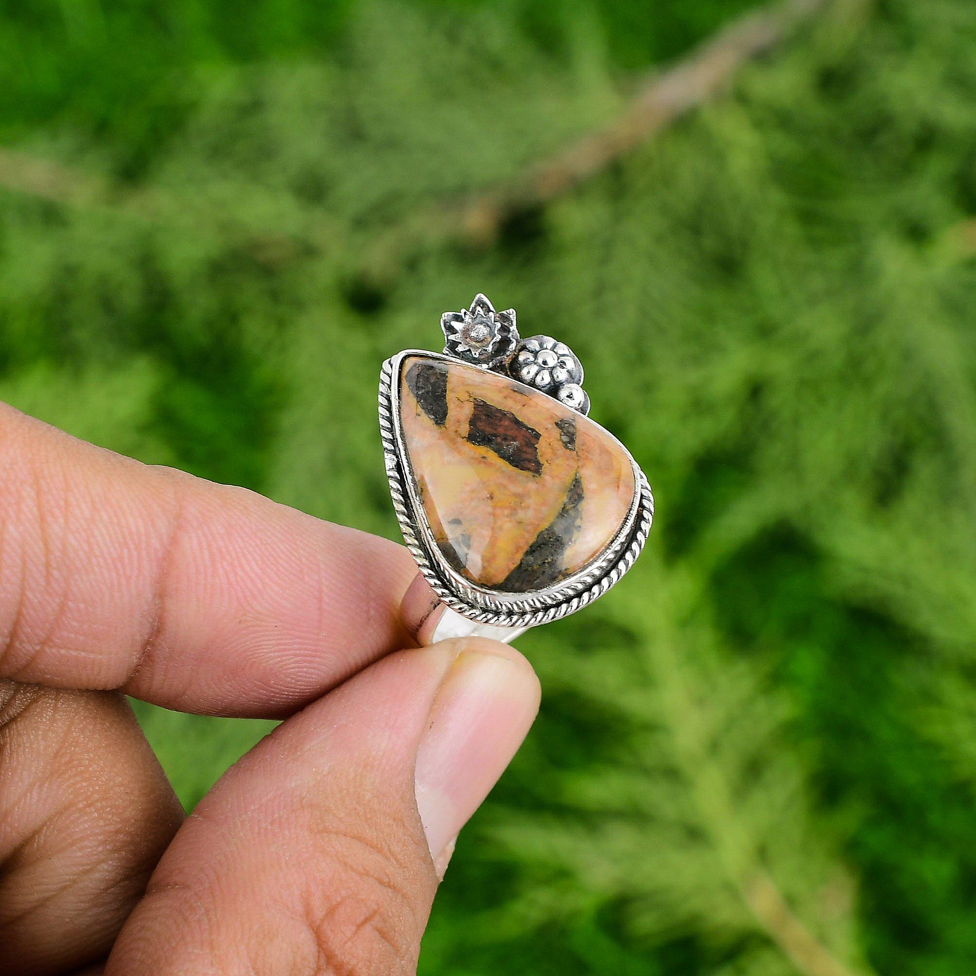 

Подарок для нее Натуральный боксит Штабелируемое кольцо-цветок Регулируемое кольцо из серебра 925 пробы Adjustable