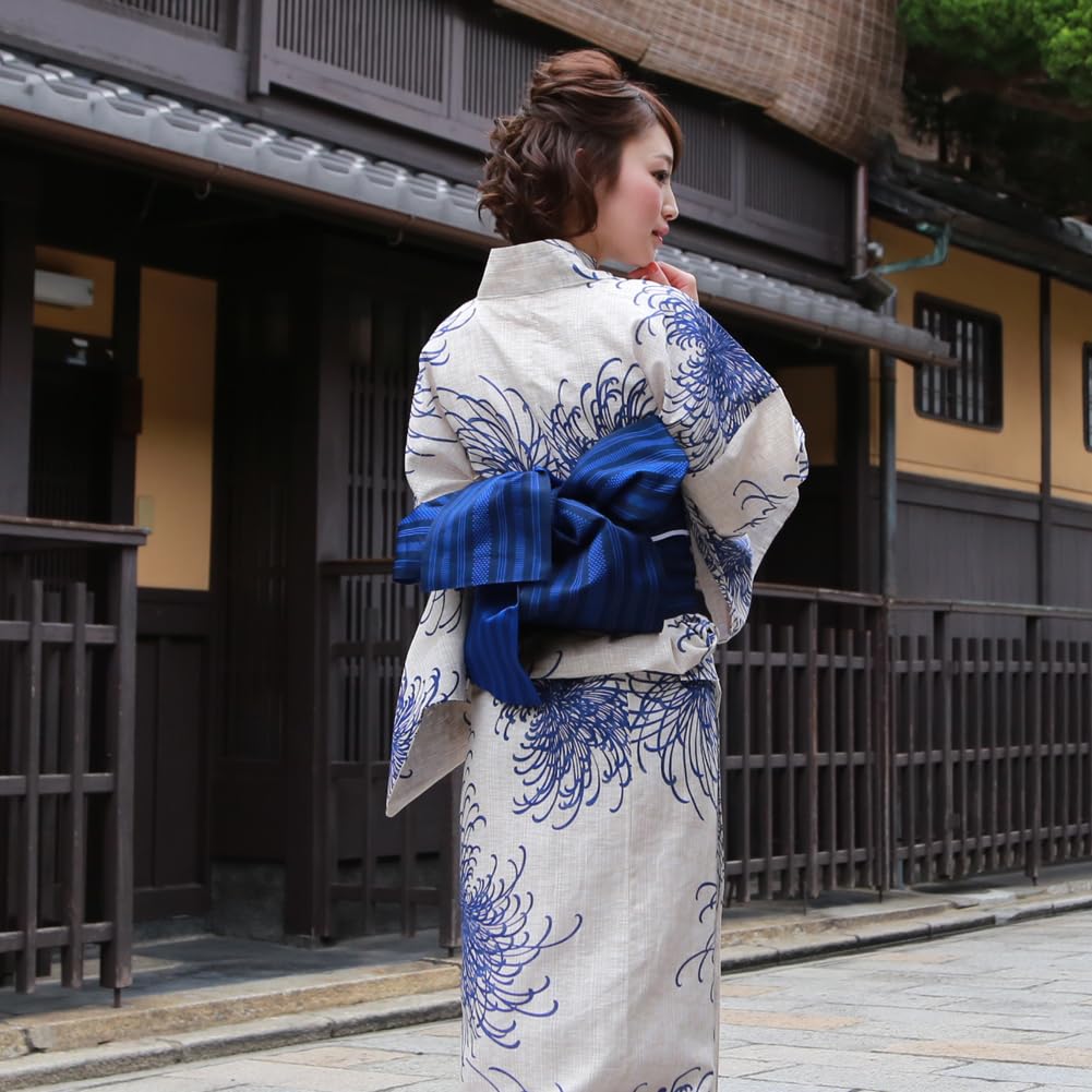 Yukata Premium Cotton and Linen Yukata Set Chrysanthemums on a Natural The and blue yukata feature a and sophisticated "Wa Nadeshiko" Women's Set,