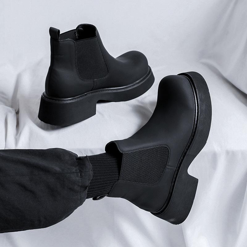 Leather Shoes Men's Boots 2025 Autumn/Winter Round Head Mid Top Korean Edition British Thick Bottom Slope Heel Chelsea Boots Sho