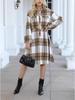 Plus Size 2005 European & American Plaid Jumpsuit: Casual Lapel Waist-Hugging Long-Sleeved Dress
