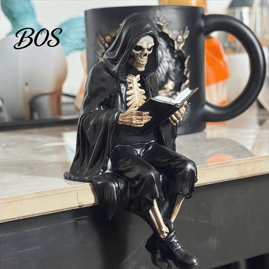 Skeleton Desktop Decor Halloween Reading Book Figurine, Spooky Devil Resin Sculpture, Gothic Ornament Black Robe Grim Reaper Statue for Home